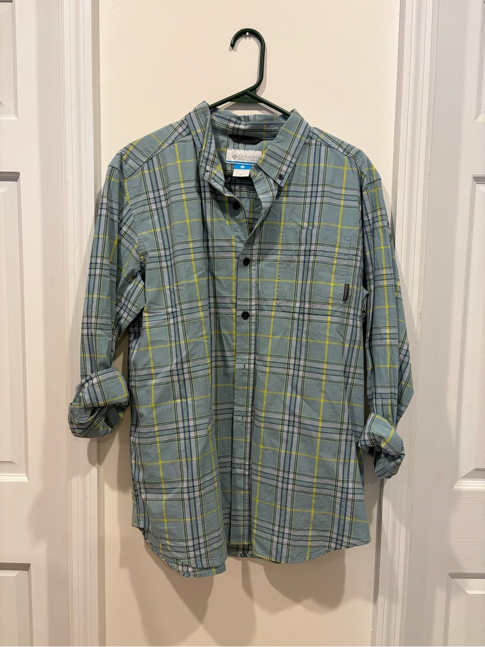 Columbia Light Blue Plaid Shirt with Yellow Accents